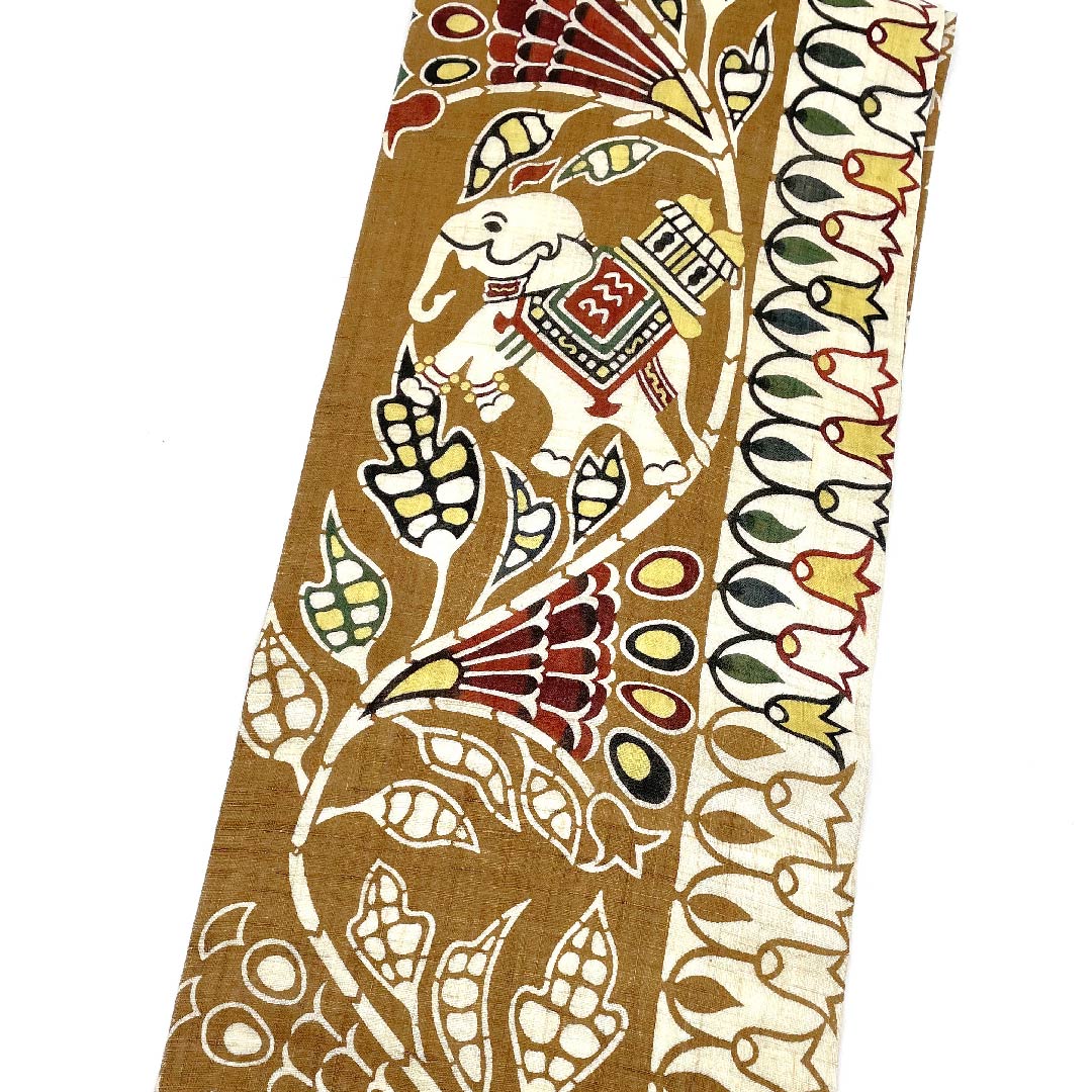 Nagoya obi, trunk color, Kyoto Bingata, Kuriyama Kobo, elephant, abstract flower pattern, obi length 376cm, linen, S rank, point pattern, casual, brown, 1124005262314, Nagoya style