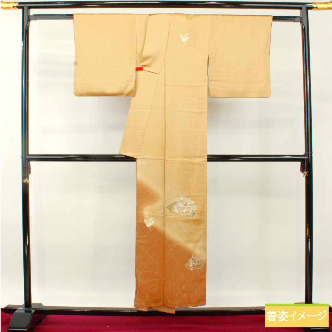 Homongi, pure silk, lined, length 150.5cm, sleeve length 62cm, pale withered leaf color, embroidered fan surface, floral pattern, S rank, brown, 1112004682114