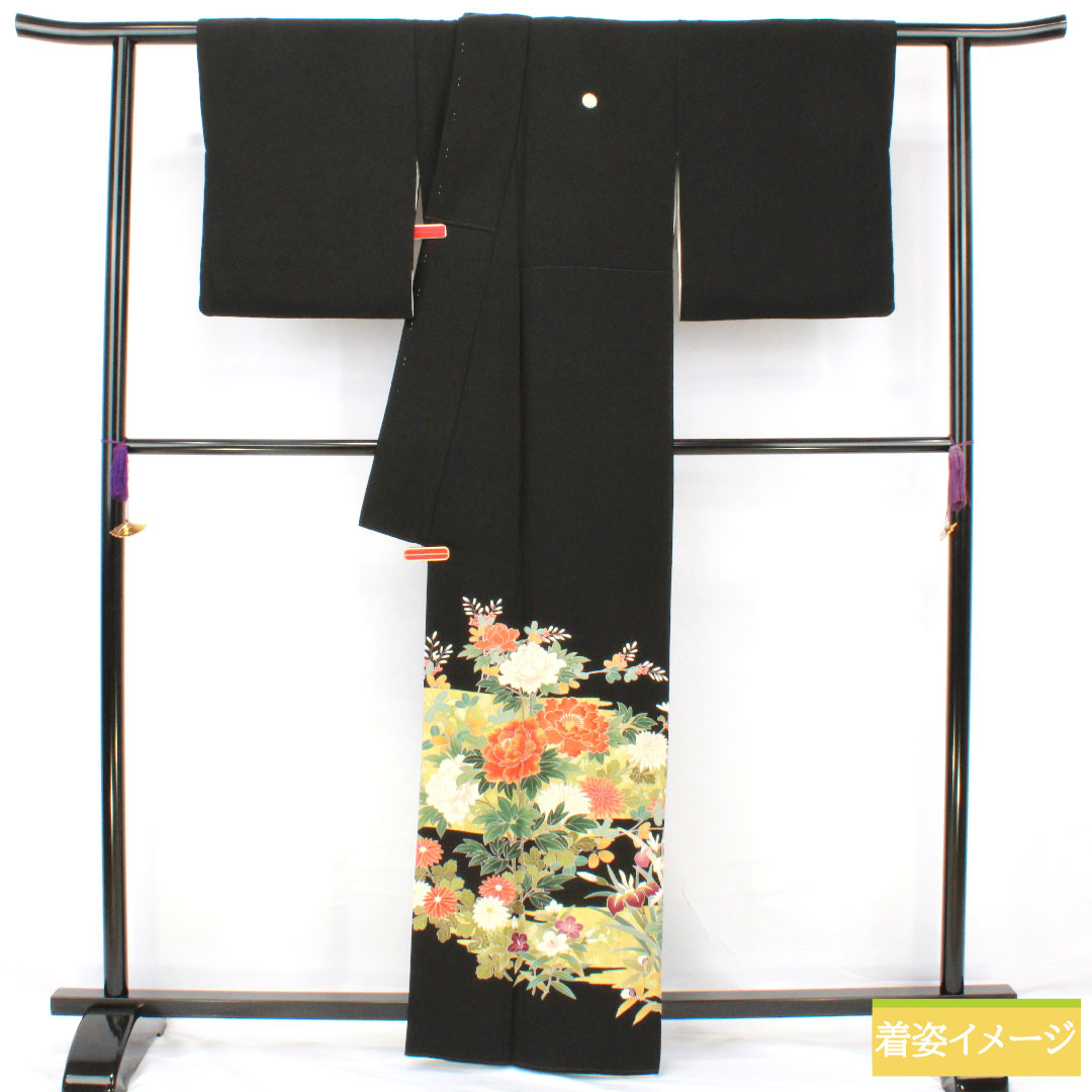黒留袖 正絹 身丈162cm 裄丈66cm 袷 京友禅 草花模様 作家物 五つ紋 丸に抱き柏 Aランク 黒系 1111001613410