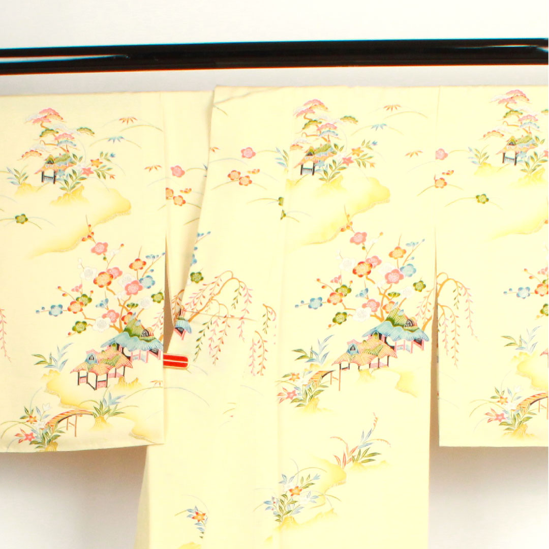 訪問着 袷 身丈158.5cm 裄丈62cm 鳥の子色 松竹梅 茶屋辻模様 正絹 Sランク クリーム系 1112001592315