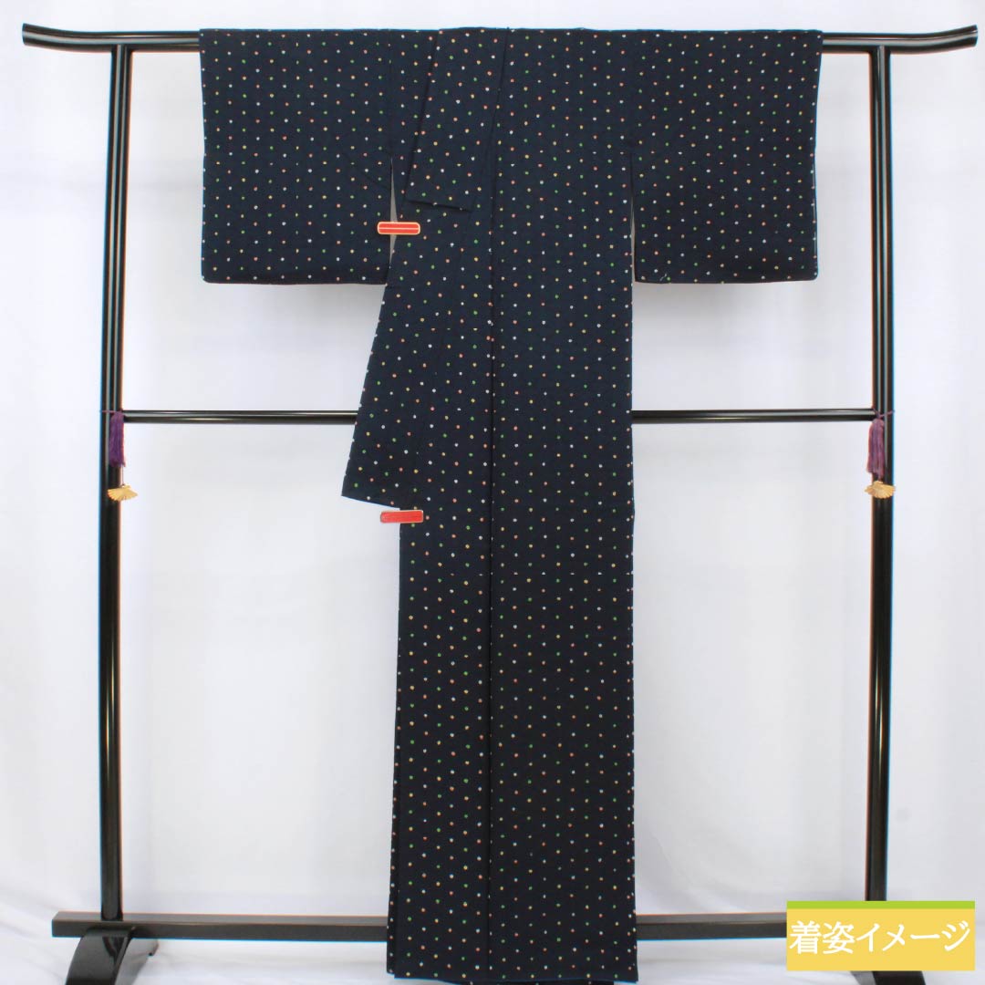 小紋 正絹 Aランク 身丈162.5cm 裄丈62.5cm 袷 濃紺色(のうこんいろ) 絞り 籠目 点 紺系 1115007353418