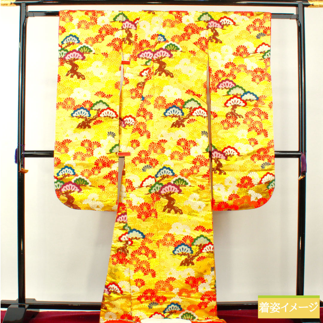 Colored uchikake, pure silk, length 190cm, sleeve length 66cm, Karaori, pine and chrysanthemum, with basting thread, unused, S rank, lined, gold, 1110000852921