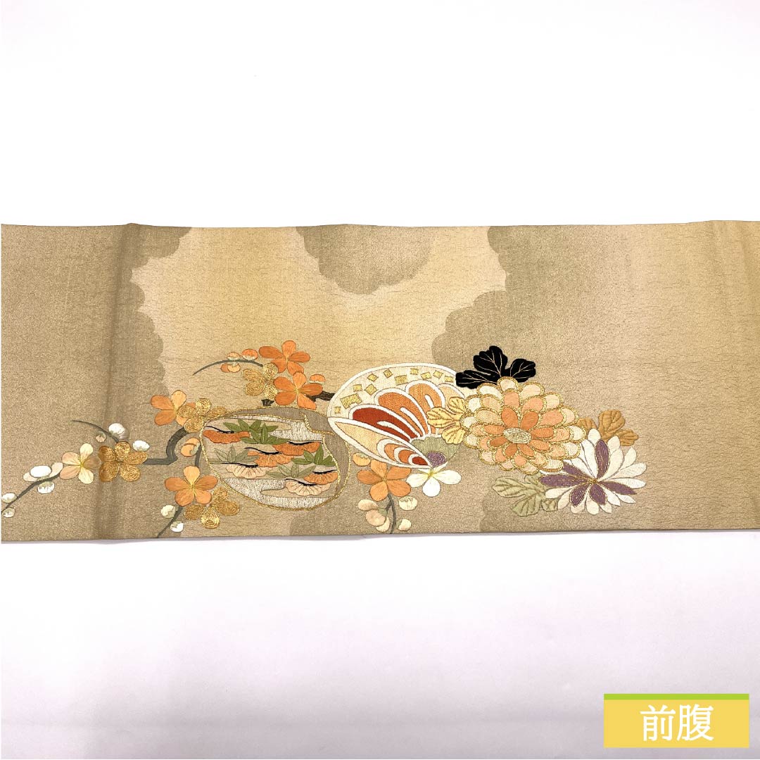 (Maru obi) Fukuro obi, pure silk, Torinoko color, Maru obi, antique, embroidery, obi length 410cm, A rank, point pattern, formal, beige, 1123013863325