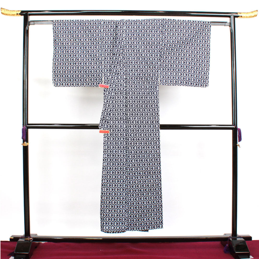 Men's Yukata, Geometric Pattern, Cotton, B Rank, Single Layer, Length 150cm, Sleeve Length 70cm, Navy Blue, 1118001614118