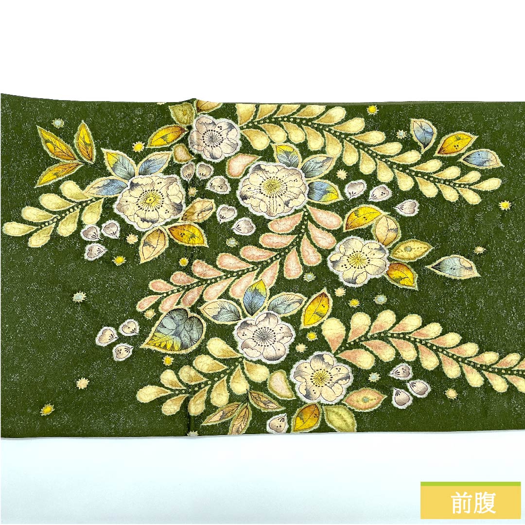 【未仕立】袋帯 正絹 Sランク 松葉色(まつばいろ) 辻ヶ花 花唐草 鳳凰 作家物 帯丈464cm ポイント柄 フォーマル 緑系 1123010562419