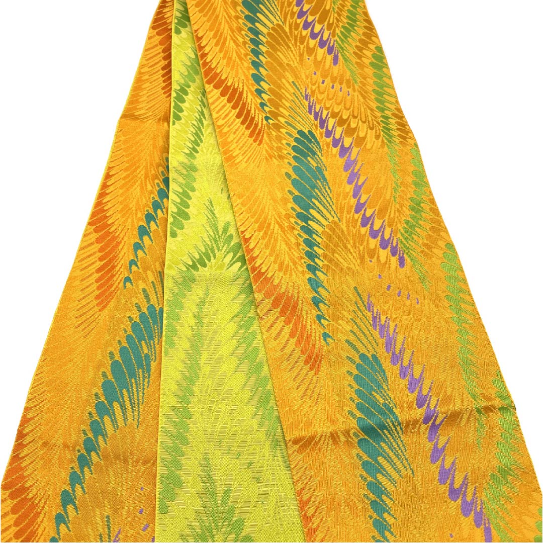 Half-width obi, polyester, golden yellow, Kansai, abstract pattern, obi length 402cm, yellow, S rank, 1125001802423