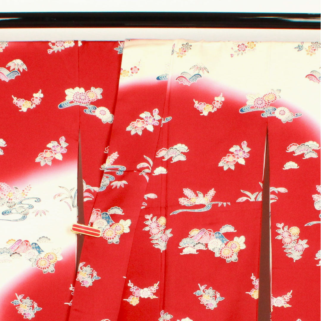 振袖 身丈161.5cm 裄丈64cm 袷 葡萄茶色 薄桜色 型染 茶屋辻 松竹梅 正絹 Aランク 赤系 1113000913412