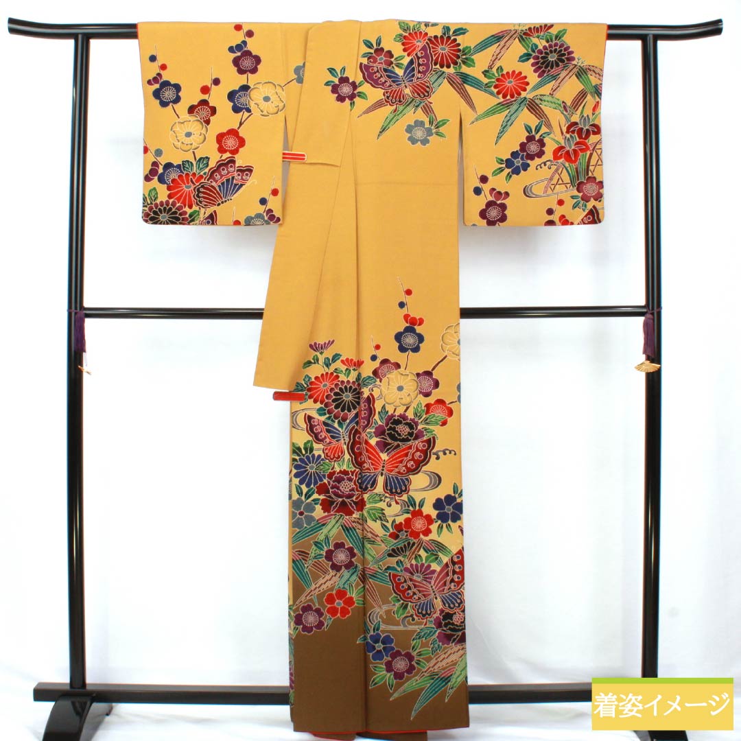 訪問着 正絹 Aランク 袷 身丈161cm 裄丈66.5cm 枇杷茶色(びわちゃいろ) 京紅型 草花 黄系 1112006473423