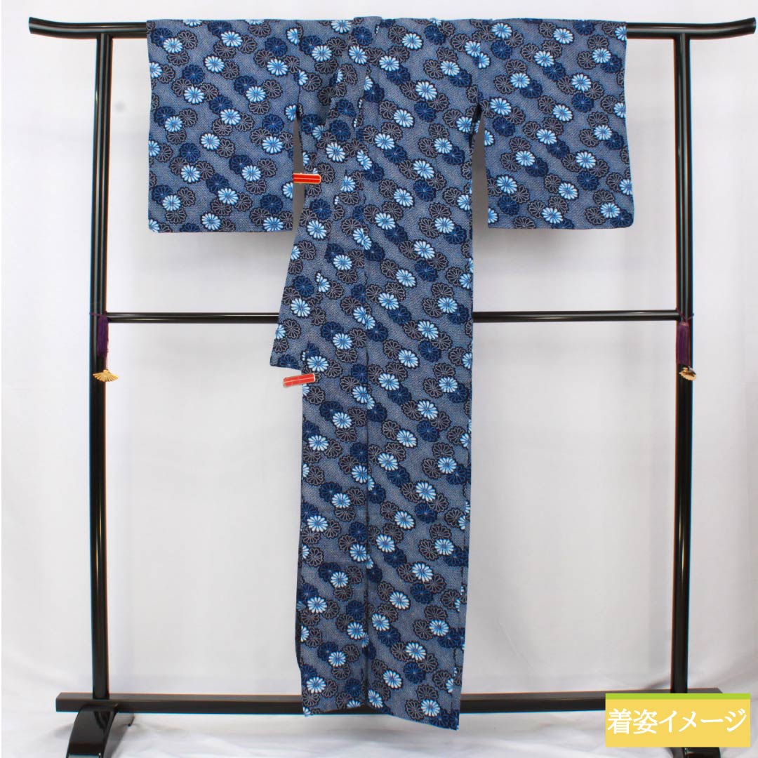 浴衣 木綿 身丈157cm 裄丈65cm Aランク 単衣 紺系 褐色(かちいろ) 菊 リップル 1118006473318