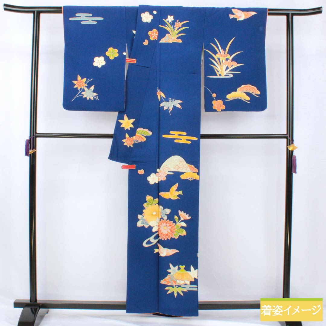 訪問着 正絹 Bランク 袷 身丈158cm 裄丈63.5cm 紺瑠璃色(こんるりいろ) 京紅型 吉祥文様 松竹梅 菖蒲 鳥 青系 1112007284317