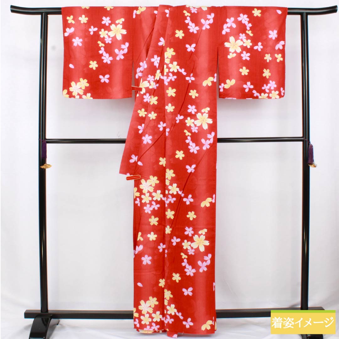 Cotton Yukata, Length 162cm, Sleeve Length 67.5cm, S Rank, Single Layer, Vermilion, Cinnabar, Cherry Blossom Design, 1118006512416