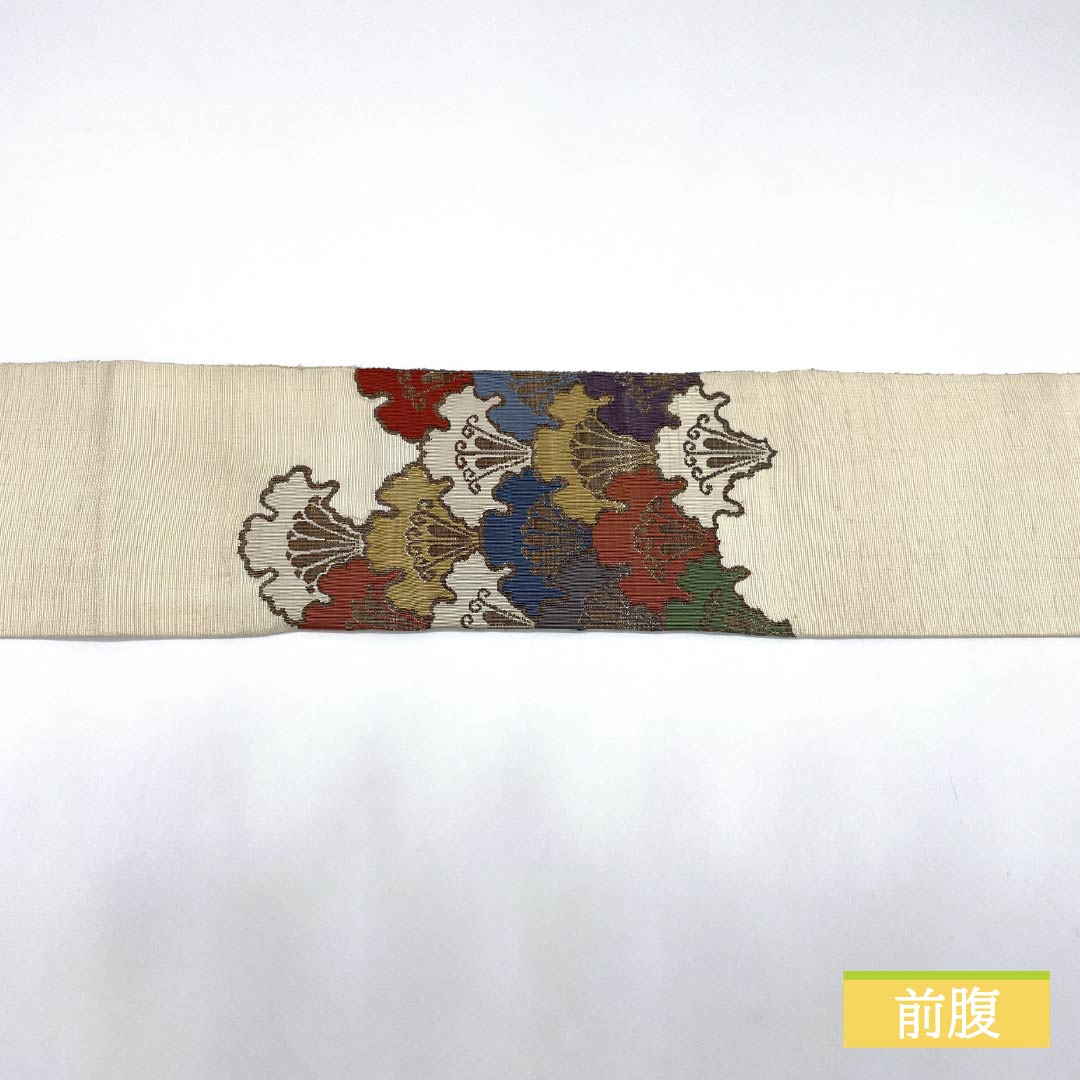 Nagoya obi, natural color (kinariiro), pongee fabric, Yukiwa Seigaiha pattern, obi length 351cm, pure silk, S rank, point pattern, casual, cream color, 1124008212315, Nagoya style