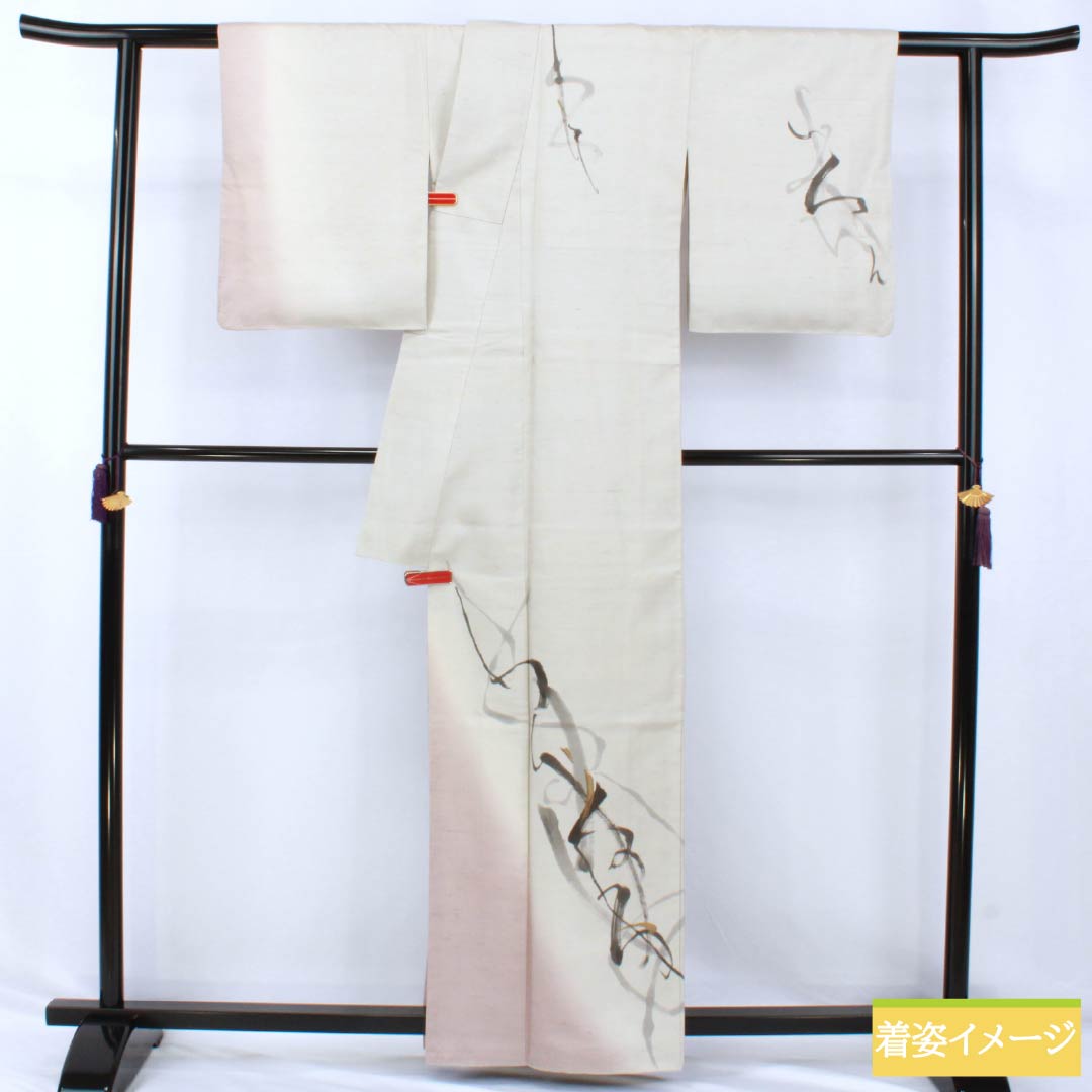 訪問着 正絹 Bランク 袷 身丈161.5cm 裄丈63.5cm 灰白色(かいはくしょく) 牛首紬 抽象模様 純一郎 作家物 しつけ糸付き グレー系 1112006994422