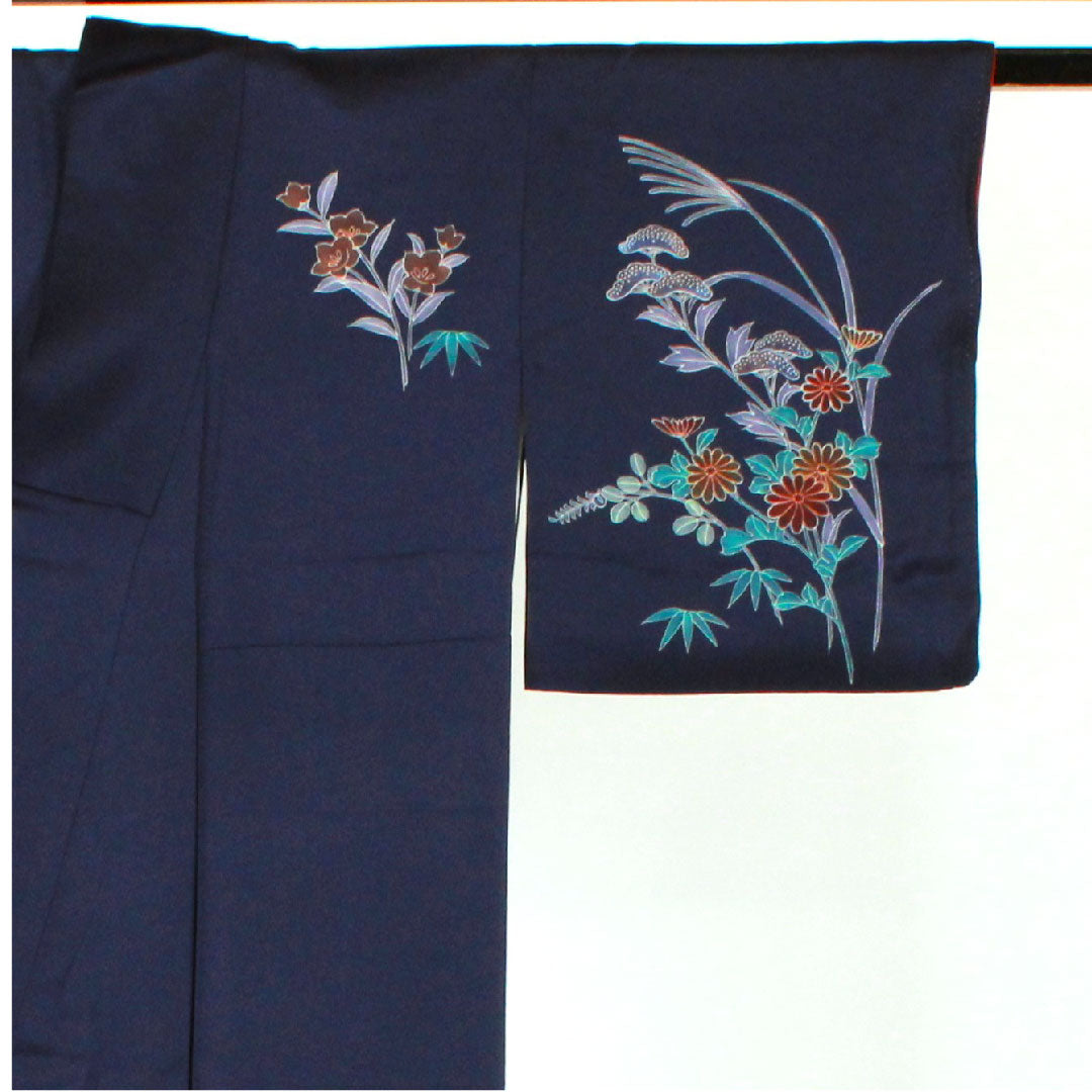 訪問着 袷 身丈150cm 裄丈59.5cm 四季の花 正絹 Aランク 紺系 1112001083118