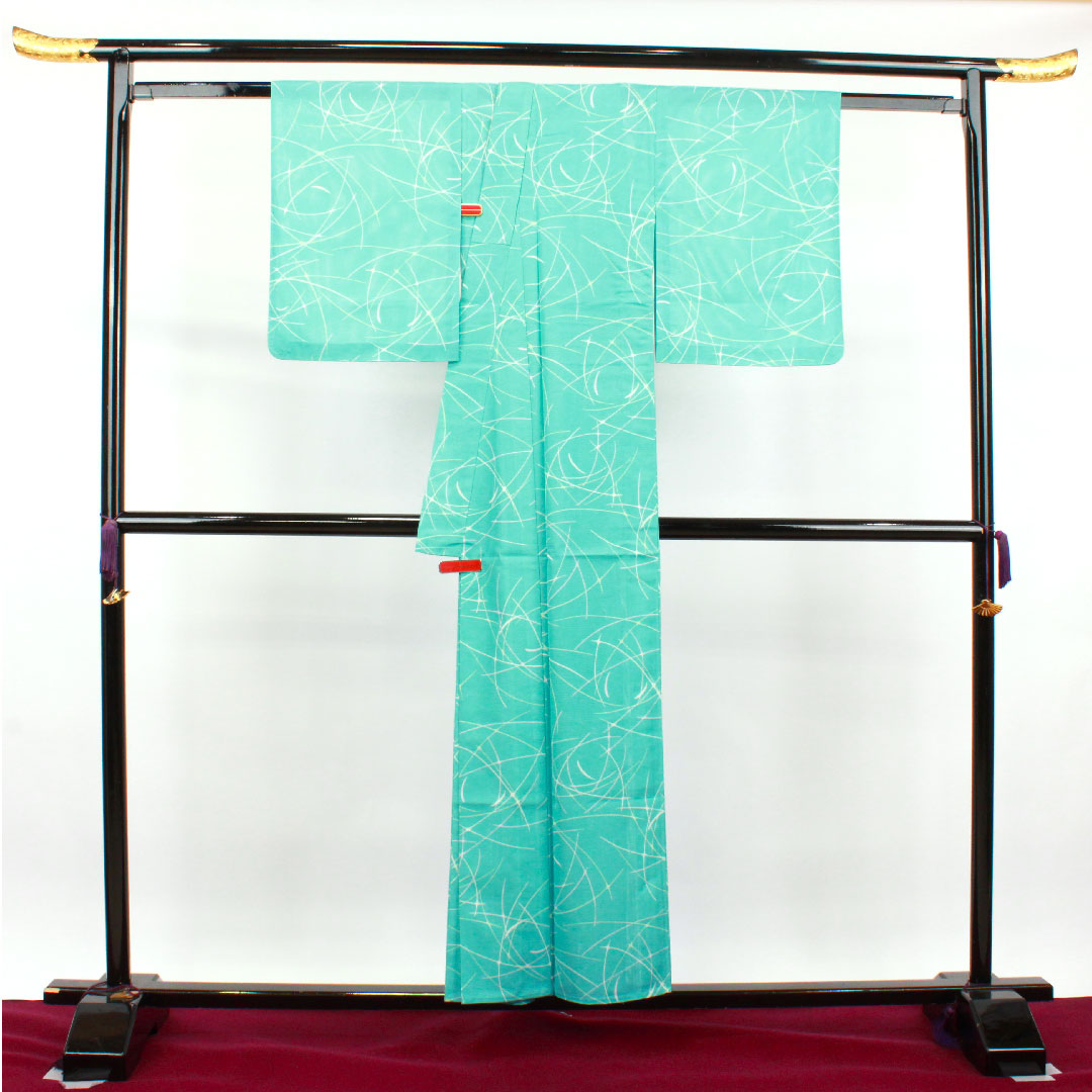 Summer kimono, polyester, small pattern, length 154.5cm, sleeve length 61.5cm, light blue, washable kimono, geometric pattern, silk, S rank, light blue, 1132001722224