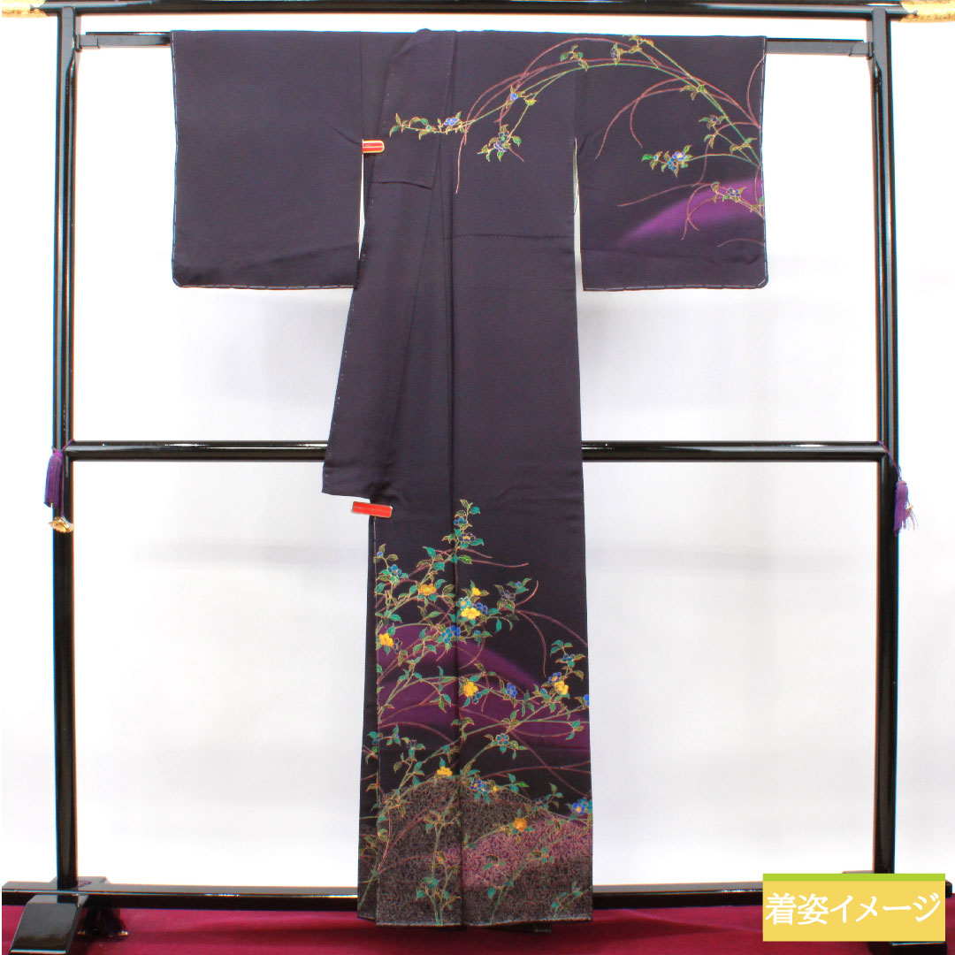 訪問着 正絹 袷 身丈158.5cm 裄丈65.5cm 褐色 草花模様 しつけ糸付き 未使用品 Sランク 紫系 1112003552320
