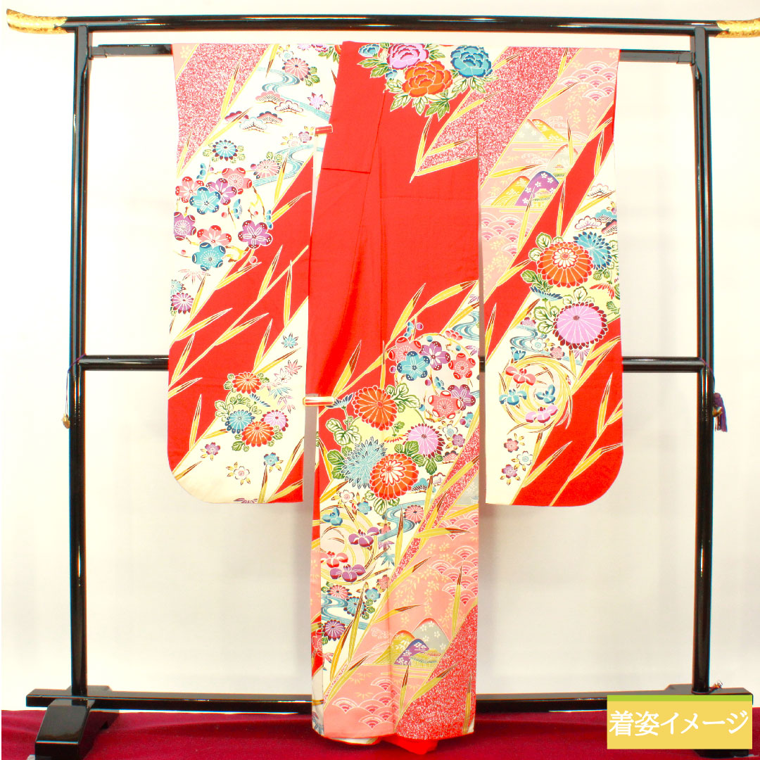 振袖 正絹 身丈161.5cm 裄丈62.5cm 袷 土耳古赤色(とるこあかいろ) 吉祥文様 Aランク 赤系 1113002023412
