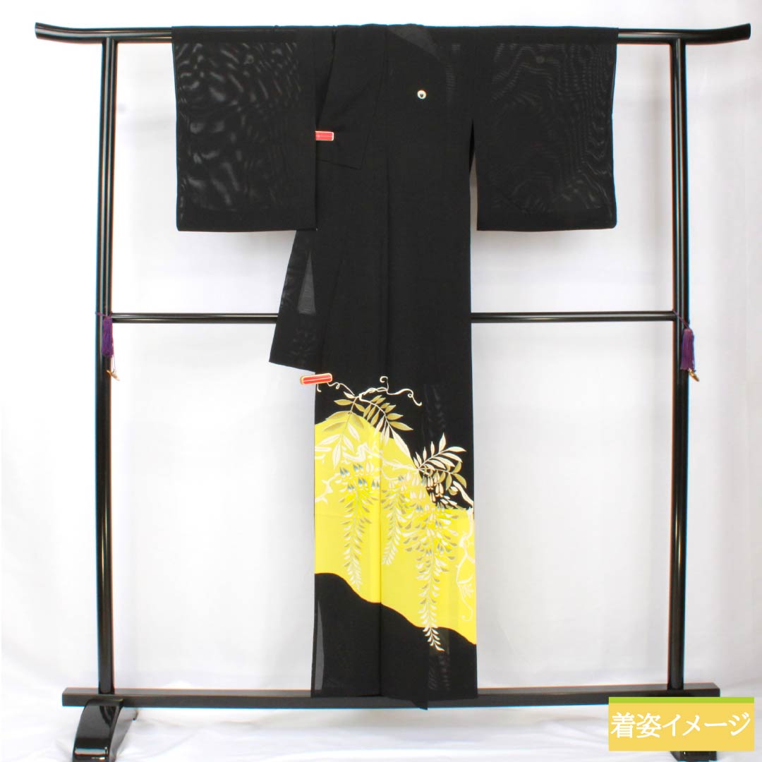 夏物 正絹 黒留袖 身丈153cm 裄丈62cm 京友禅 五つ紋 下り藤 藤 絽 Aランク 黒系 1132002103210