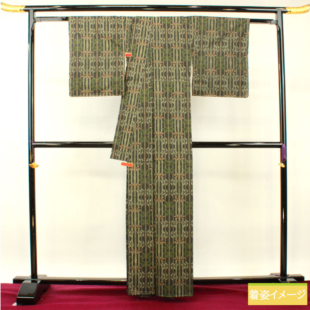 Murayama Oshima, pure silk, length 162.5cm, sleeve length 65.5cm, ensemble, bamboo pattern, basting thread included, unused, S rank, lined, black, 1116003252410