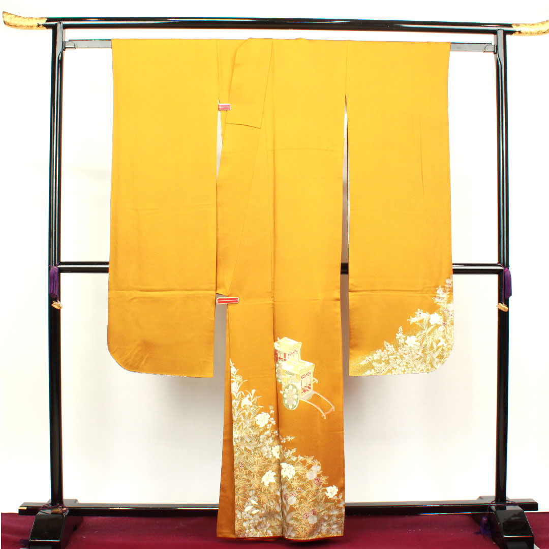 振袖 正絹 Sランク 身丈161cm 裄丈67cm 袷 黄茶色(きちゃいろ) 京友禅 御所車 草花模様 黄系 1113002352423