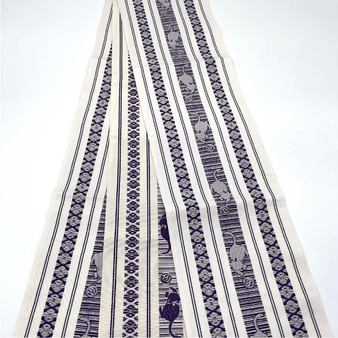 Half-width obi, polyester, obi length 360cm, white, Hakata-ori style, cat, white, S rank, 1125001562311