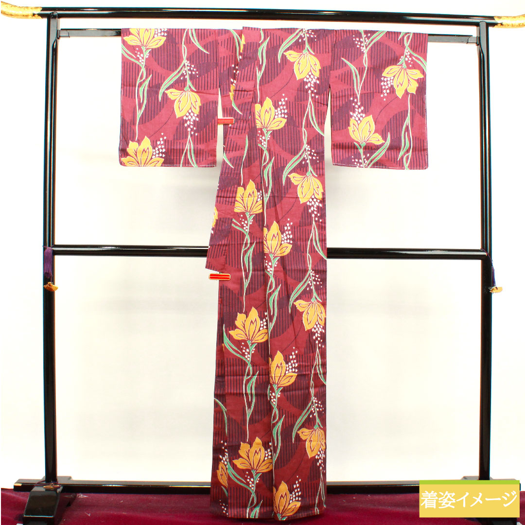 浴衣 木綿 身丈163cm 裄丈66cm Bランク 単衣 赤系 葡萄酒色(ぶどうしゅいろ) 抽象花 1118004774412