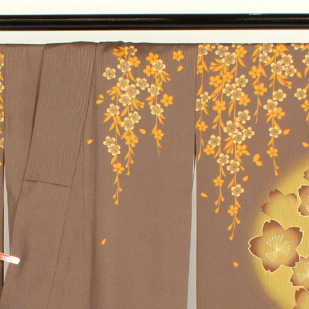 訪問着 ポリエステル 袷 身丈167cm 裄丈67cm 洗える着物 桜 Aランク 茶系 1112000393514