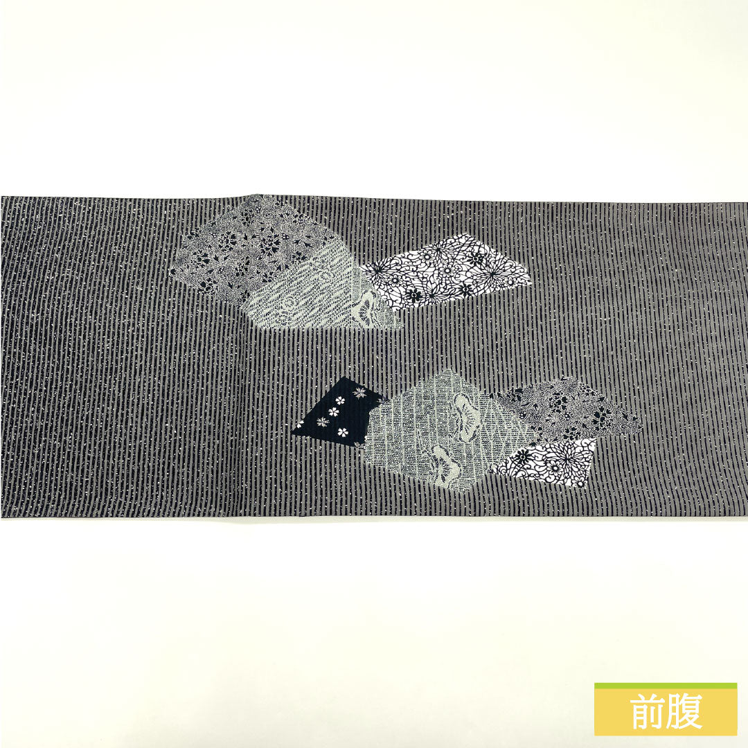 Fukuro obi, pure silk, S rank, dyed obi, artist-made, katazome pattern, obi length 446cm, partial pattern, casual, gray tones, 1123017392322