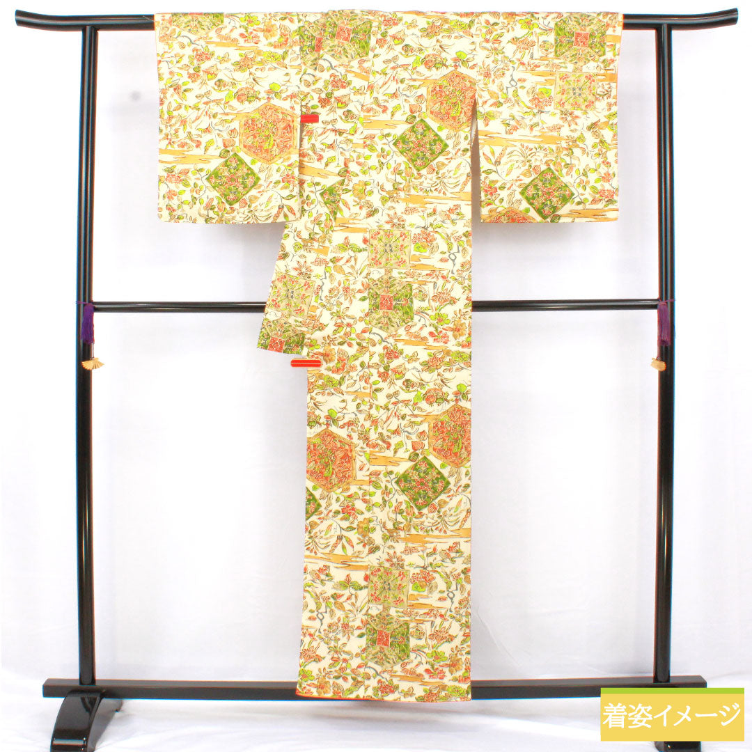 Small pattern, polyester, length 156cm, sleeve length 63cm, lined, milky white, chintz style, washable kimono, A rank, cream color, 1115004503315