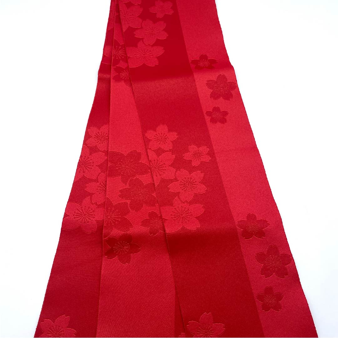 Half-width obi, polyester, obi length 336cm, madder color, cherry blossom, floral pattern, reversible, red, S rank, 1125001442312