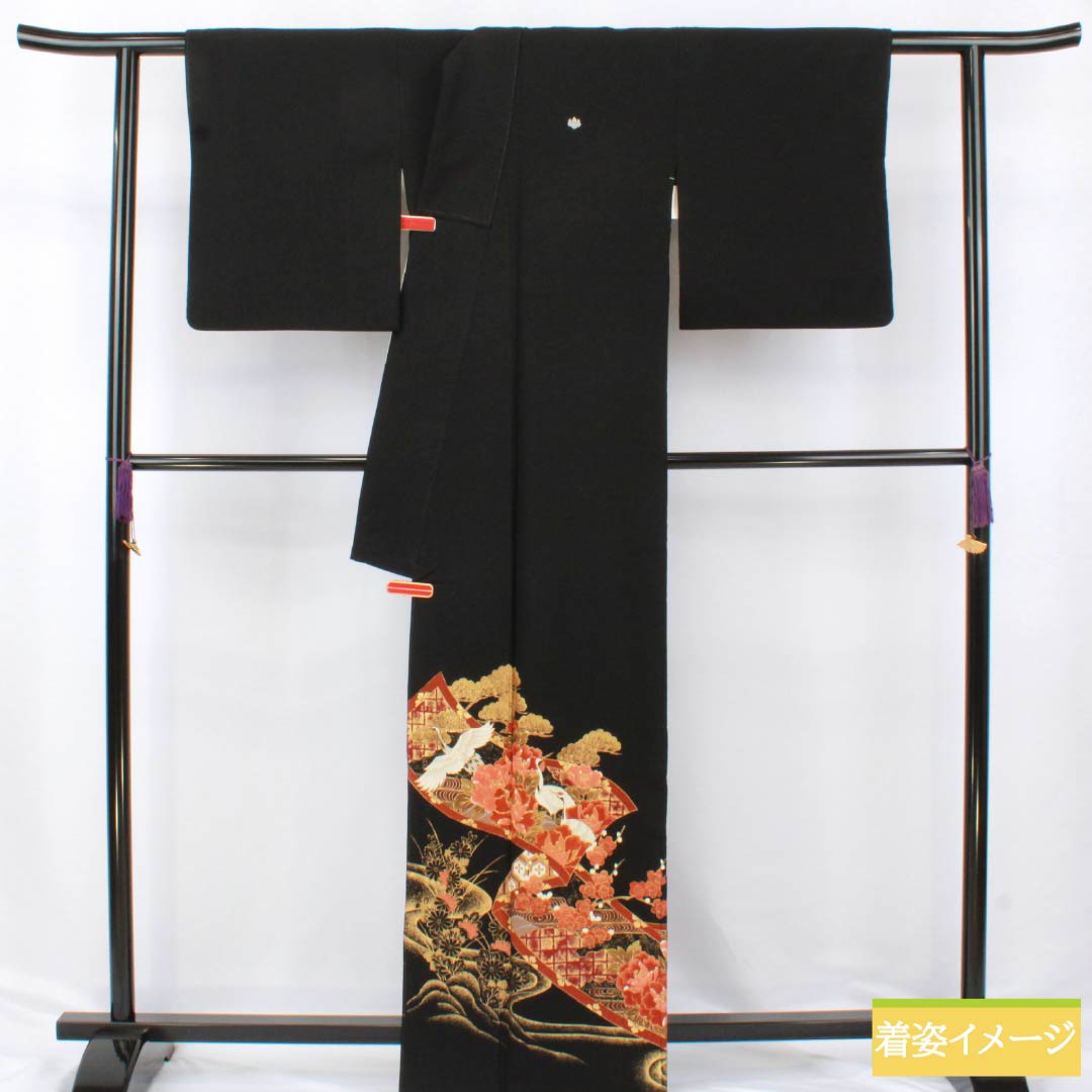 Black Tomesode Kimono, Polyester, Rank A, Length 163.5cm, Sleeve Length 64cm, Lined, Five Crests, Paulownia, Auspicious Patterns of Cranes, Pine Trees, and Plum Blossoms, Washable, Black, Item Number 1111001833410
