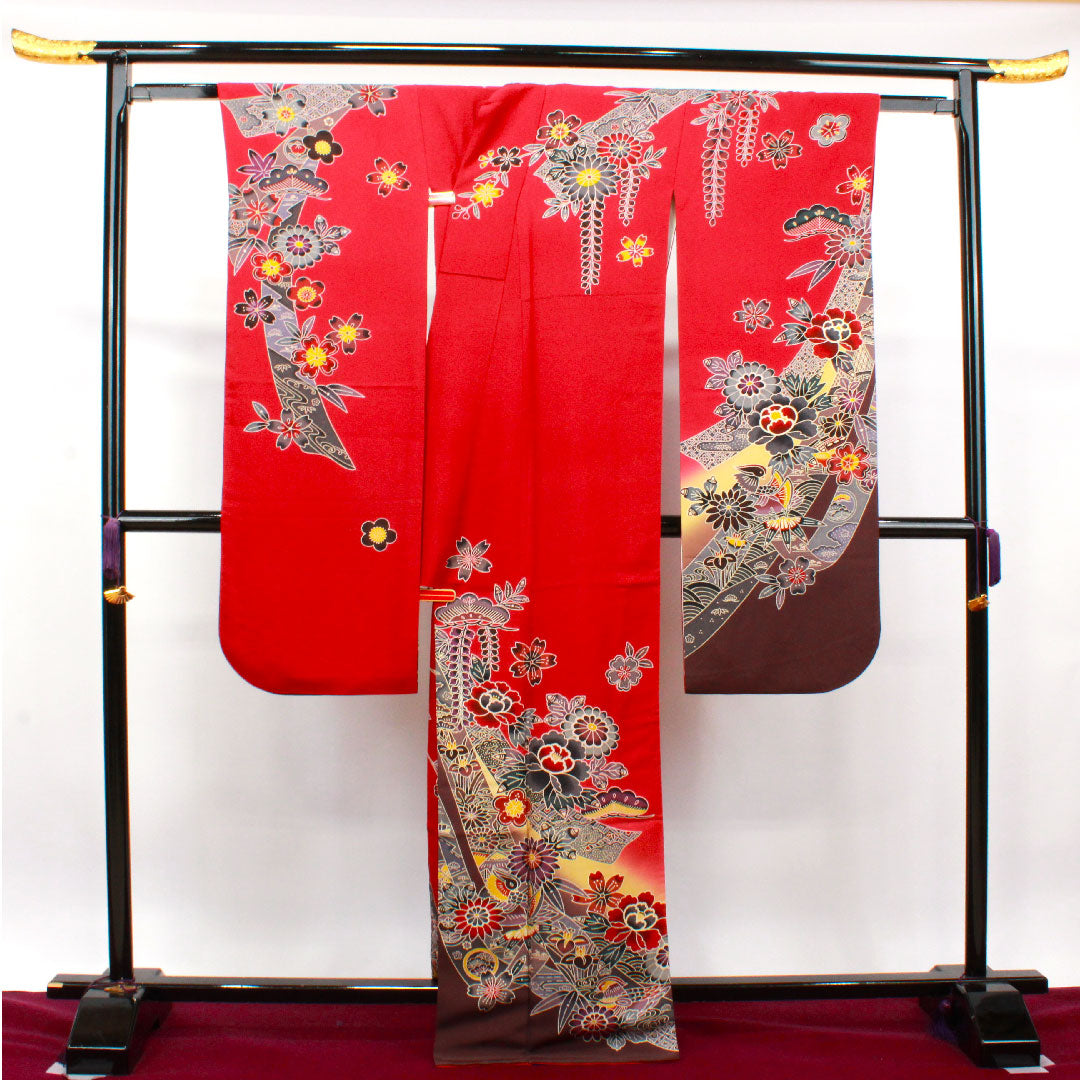 振袖 身丈167cm 裄丈68cm 袷 真紅色 京紅型 吉祥文様 スコッチガード加工 正絹 Sランク 赤系 1113001692512