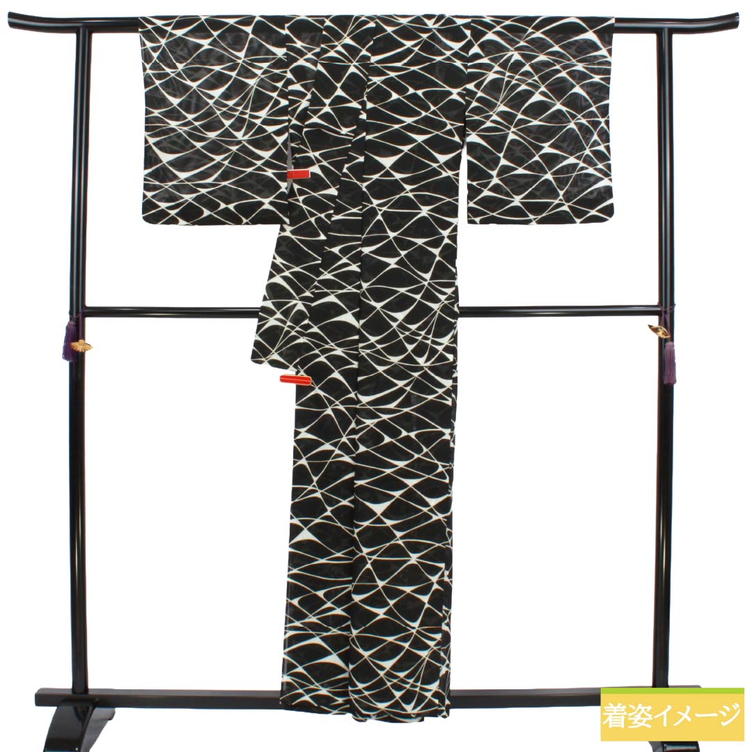 夏物 ポリエステル 小紋 Sランク 身丈158cm 裄丈63.5cm 型染 波紋 洗える着物 絽 黒系 1132005002310