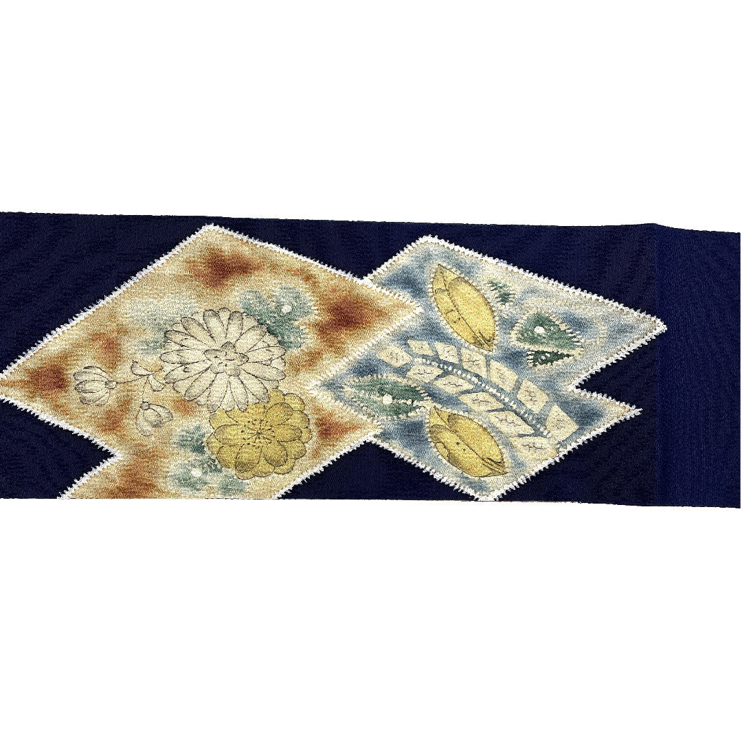 名古屋帯 松皮菱 花模様 染帯 縮緬帯丈380.5cm 正絹 Aランク ポイント柄 カジュアル 紺系 1124001583318 名古屋仕立て