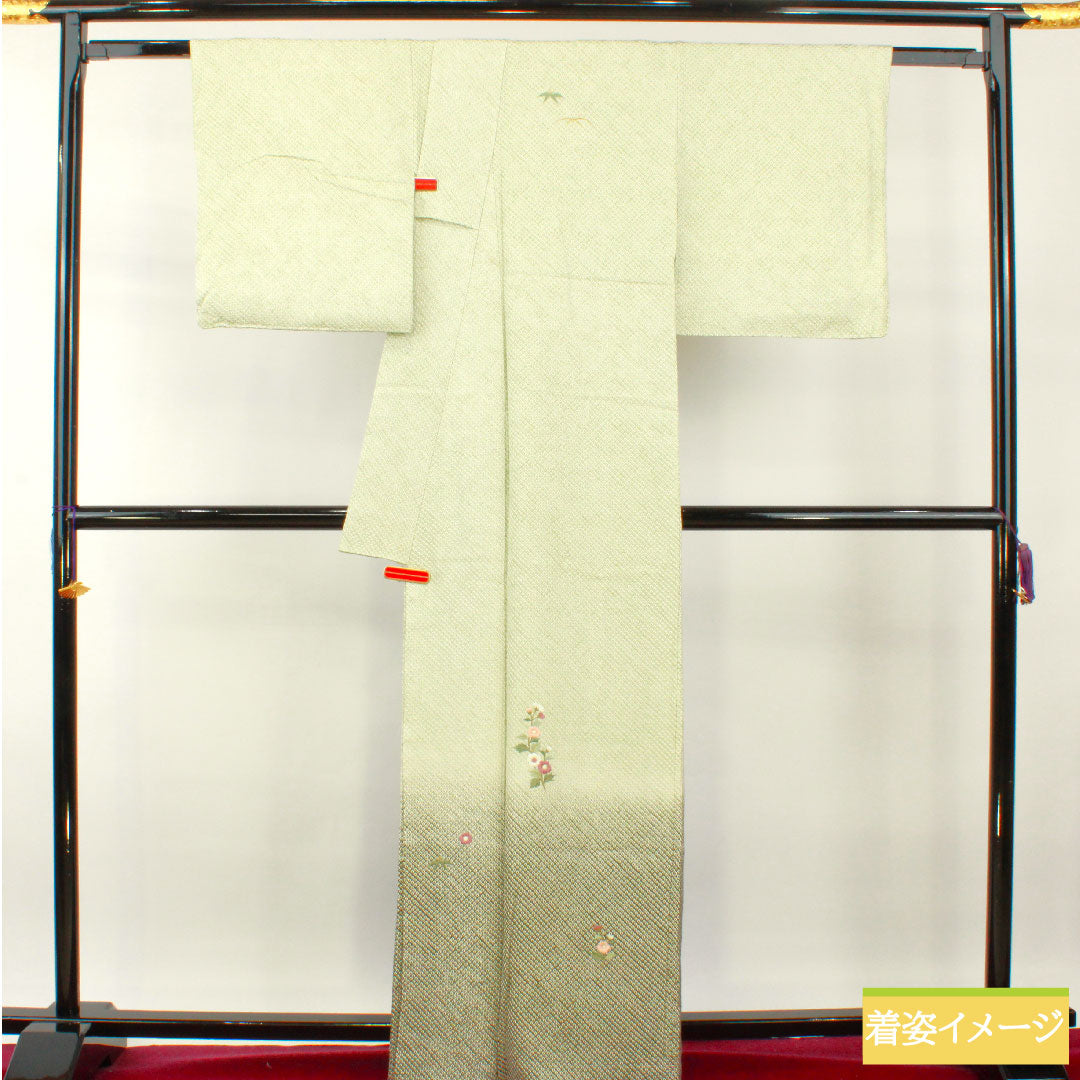 Homongi, pure silk, lined, length 165cm, sleeve length 69cm, light green, all-dyed, embroidery, basting thread included, unused, S rank, green, 1112004182519