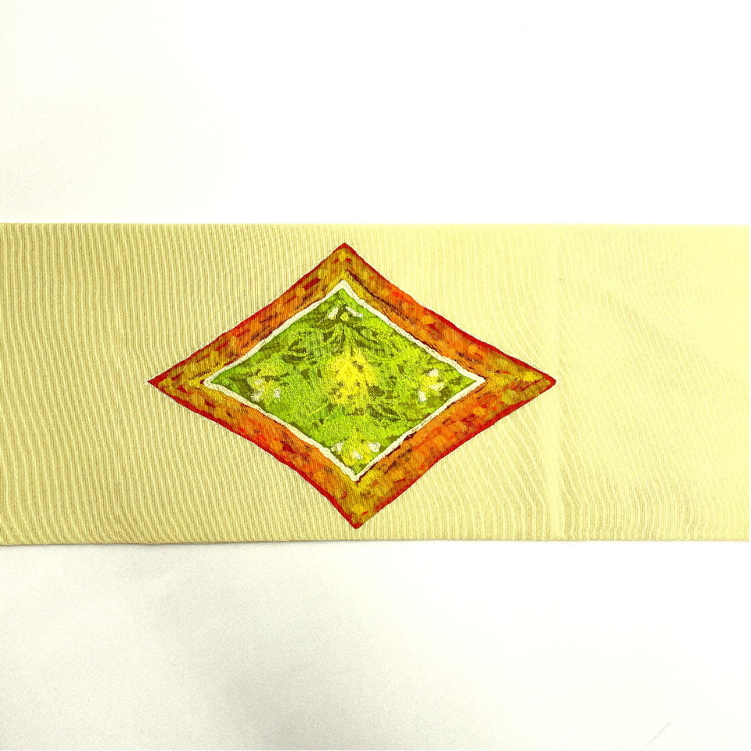 Nagoya obi with diamond and floral pattern, dyed obi, obi length 351cm, pure silk, A rank, point pattern, casual, cream color, 1124001433315, Nagoya style