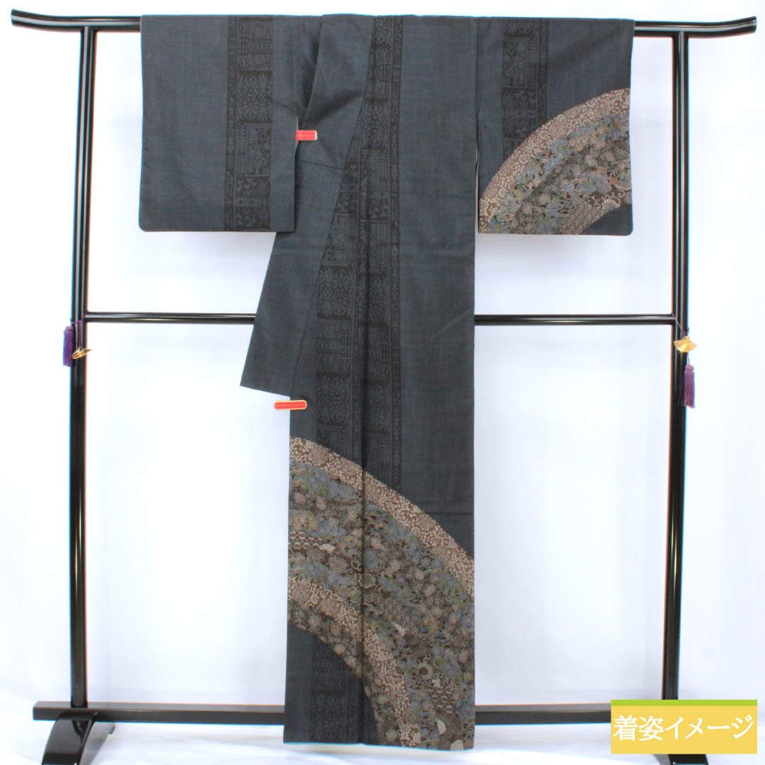 Visiting Kimono, Pure Silk, S Rank, Lined, Length 161.5cm, Sleeve Length 65.5cm, Navy Blue, Oshima Tsumugi, Floral Pattern, Navy Blue, Product Number: 1112007302418