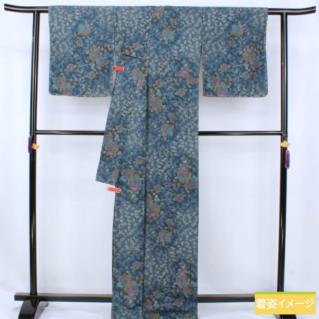 Pure silk tsumugi (pongee) kimono, Grade A, length 171.5cm, sleeve length 68cm, navy blue, rose and leaf motifs, basting thread included, lined, navy blue, product number 1116004373618