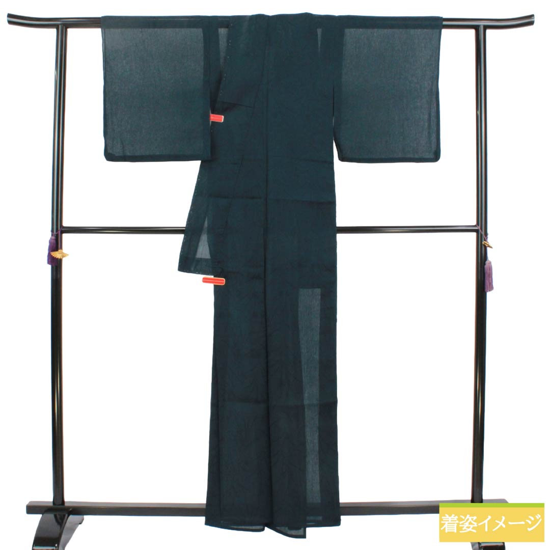 夏物 ポリエステル 色無地 Aランク 身丈160cm 裄丈63.5cm 青墨色(あおずみいろ) 草花模様 縮風 紗 緑系 1132004623419