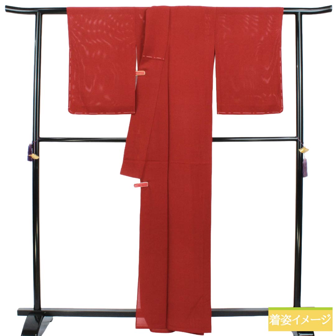 夏物 正絹 色無地 Sランク 身丈163cm 裄丈66.5cm 生臙脂色(しょうえんじいろ) 五三桐 一つ紋 絽 赤系 1132003842414