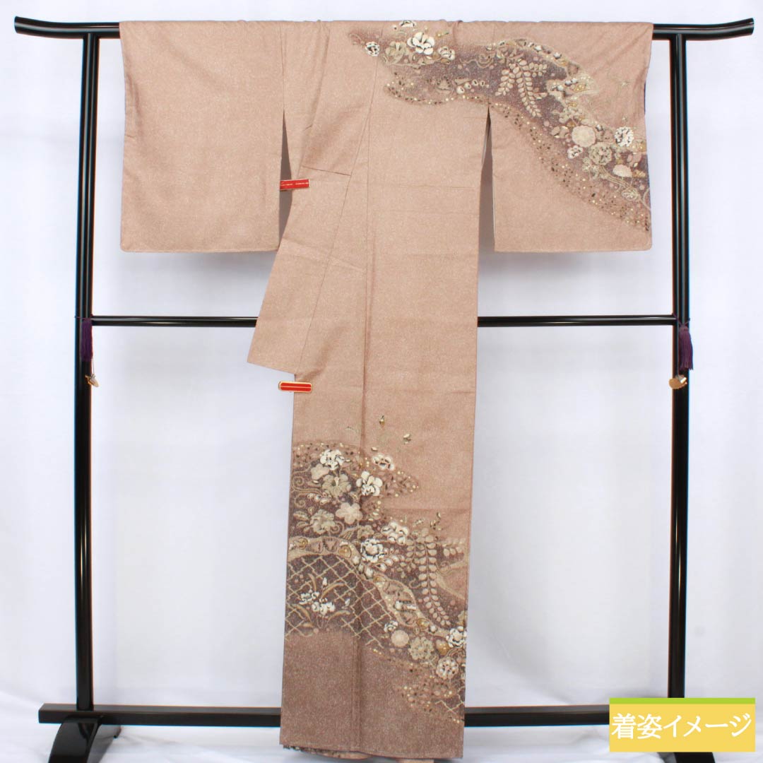 訪問着 正絹 Sランク 袷 身丈162cm 裄丈69cm 松染色(まつぞめいろ) 大島紬 絞り 辻ヶ花 しつけ糸付き 茶系 1112006692414