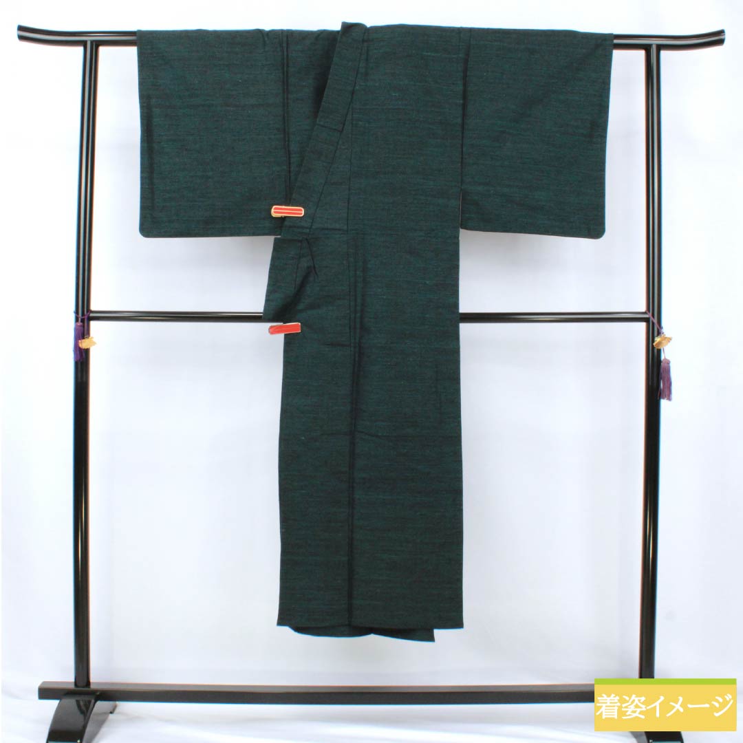 Men's Pure Silk A-Rank Kimono, Length 139cm, Sleeve Length 66cm, Korai Nando-iro (Korainando-iro) Tsumugi Fabric Ensemble, Abstract Pattern, Single-Layer, Green, Product Number: 1119001333319