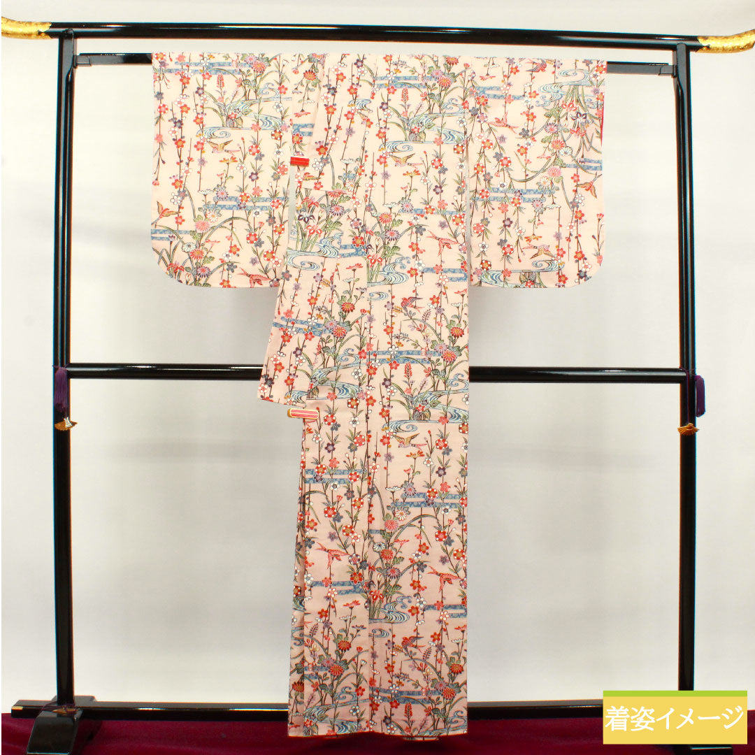Komon, pure silk, length 159cm, sleeve length 64cm, lined, maiden color, Kyoto Bingata, auspicious pattern, pongee fabric, basting thread included, unused, S rank, pink, 1115003692313