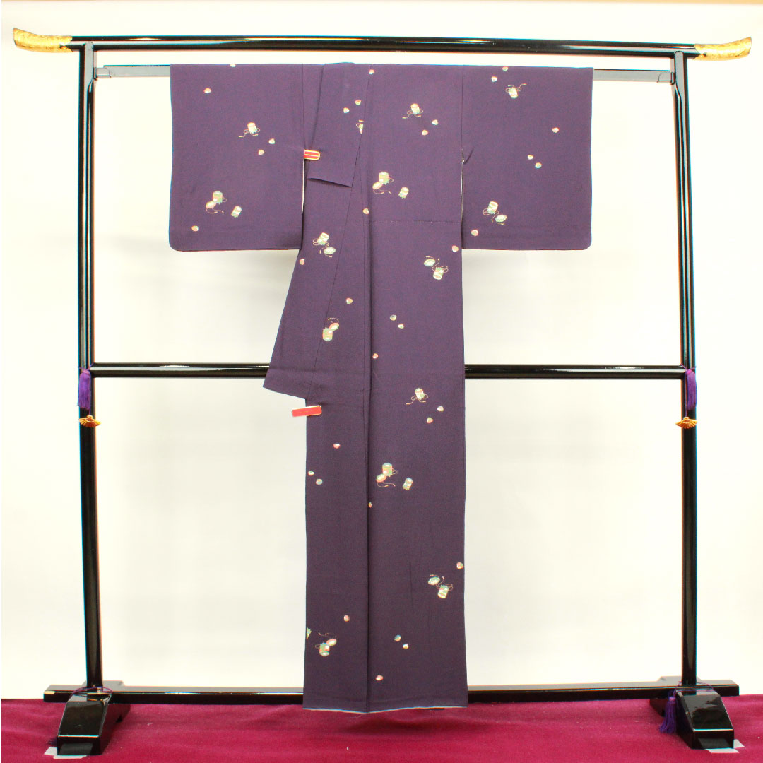 小紋 身丈156cm 裄丈65cm 袷 深紫色 貝桶 正絹 Aランク 紫系 1115003213320