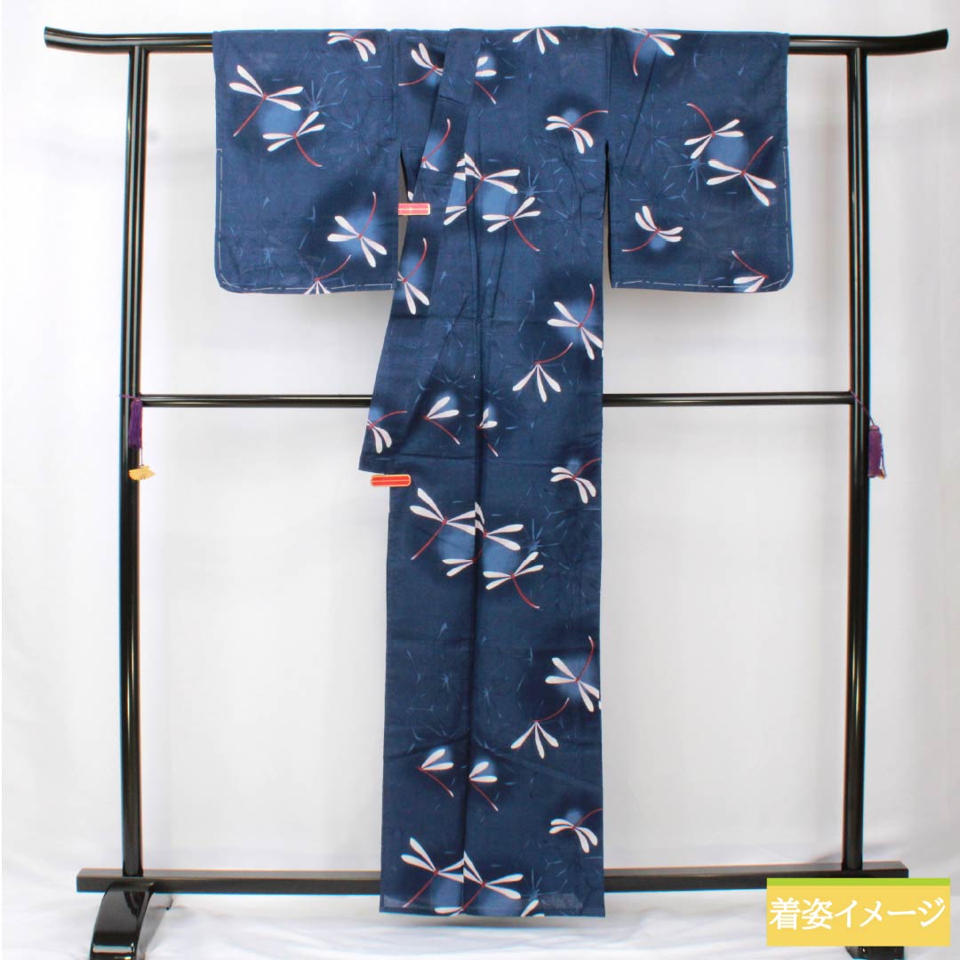 浴衣 木綿 身丈162cm 裄丈65.5cm Sランク 単衣 紺系 紺色(こんいろ) トンボ ラビッサンルーチェ 1118006022418
