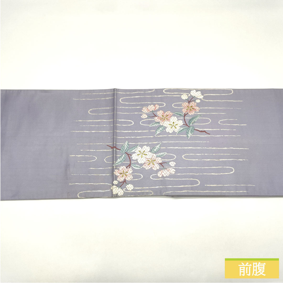 Formal obi, pure silk, grade A, white wisteria, Karaori weave, cherry blossom and plum blossom motifs, length 424cm, purple accent pattern, 1123016073320