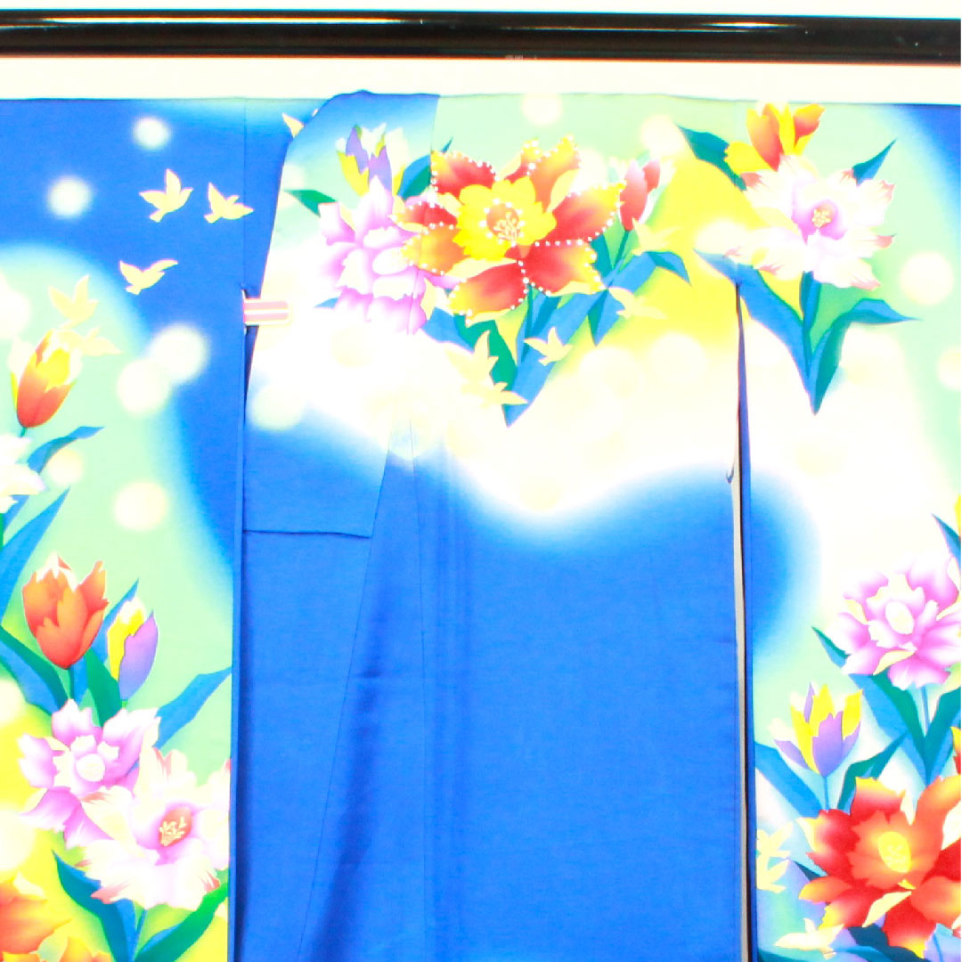 振袖 身丈176.5cm 裄丈64cm 袷 瑠璃色 花鳥模様 正絹 Bランク 紺系 1113001484818