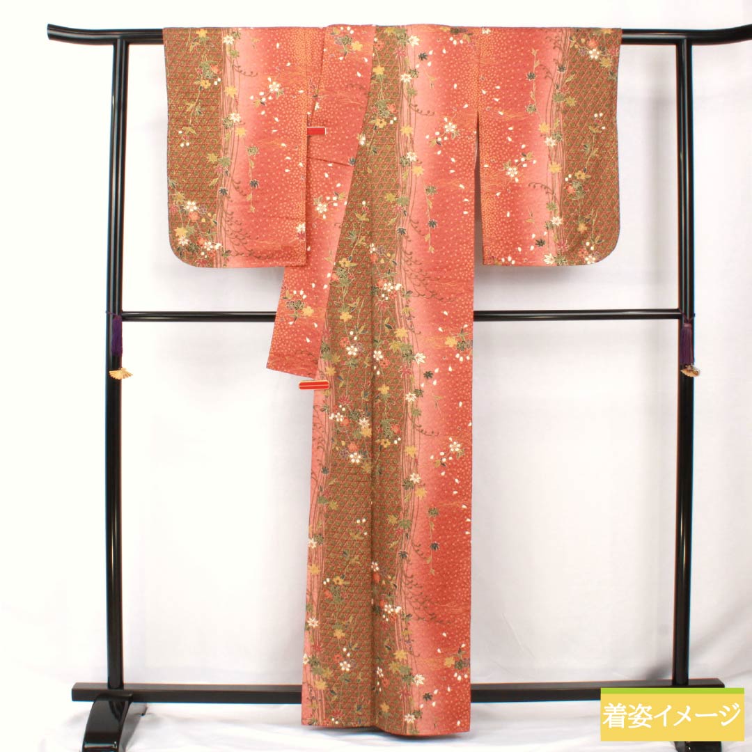 Komon, pure silk, length 163cm, sleeve length 64cm, lined, red sapphire color, basket pattern, flower, basting thread included, S rank, vermilion, 1115005692416