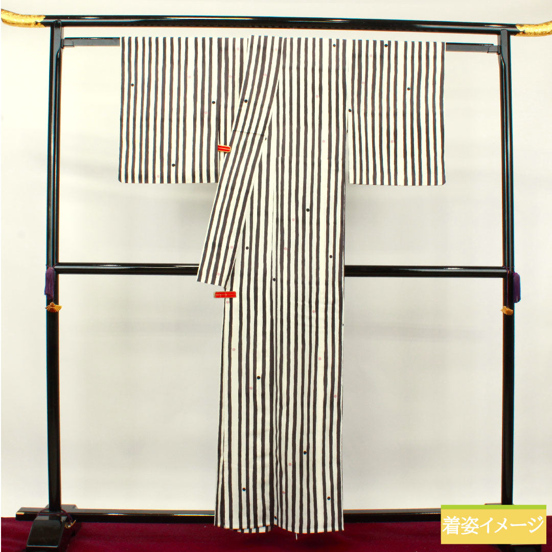 小紋 ポリエステル 身丈157cm 裄丈63cm 単衣 モノトーン 洗える着物 縞 水玉 Aランク 白系 1115004013311