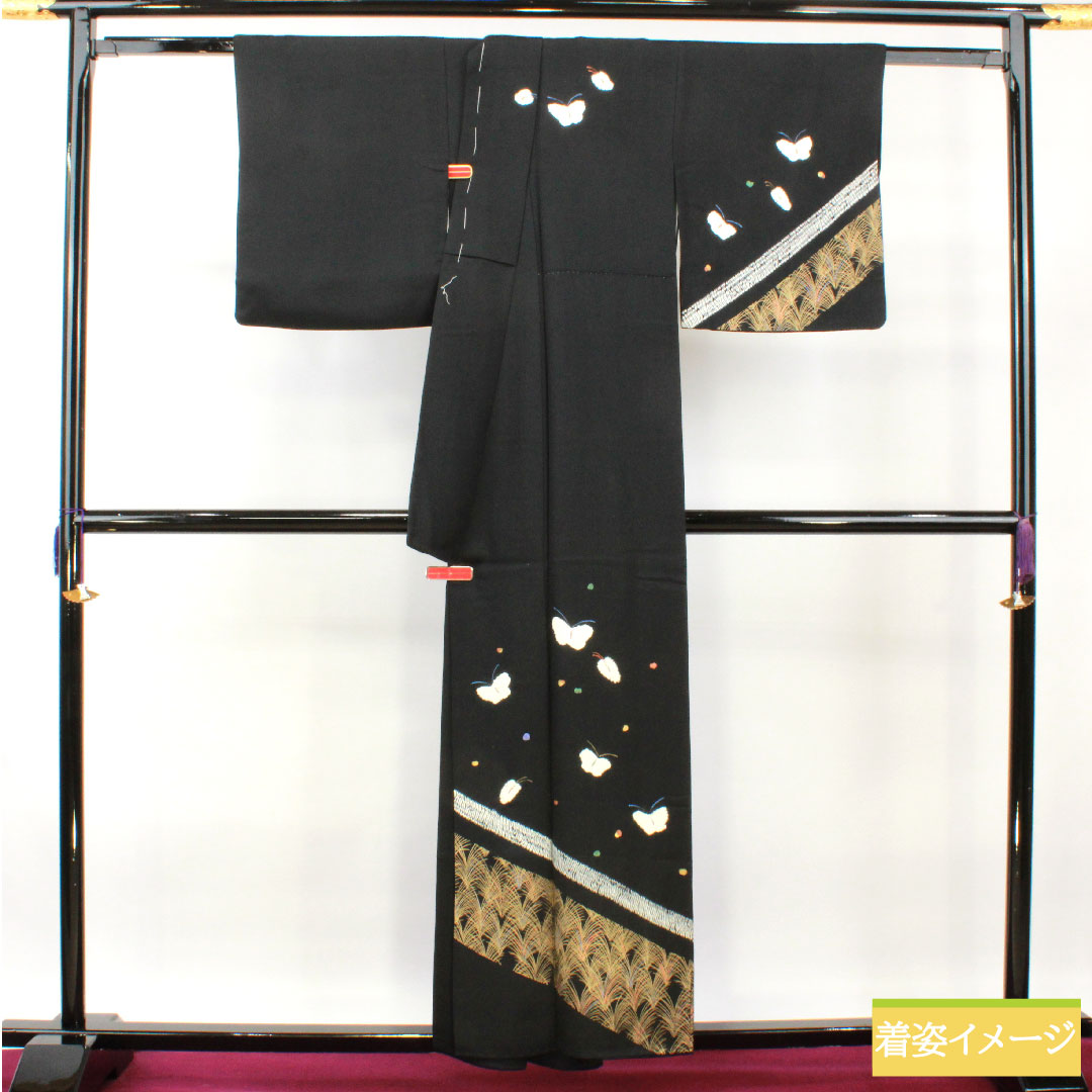 Homongi, pure silk, lined, length 157.5cm, sleeve length 63.5cm, tie-dye pattern, butterfly, A rank, black, 1112004393310